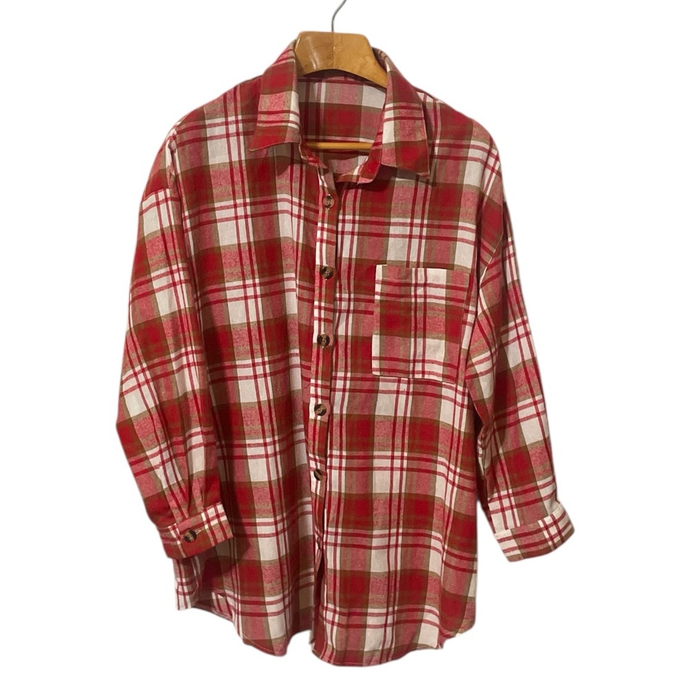 SHEIN Curve Red White Plaid Button Front Shirt Front Pocket Women's Sz 2XL